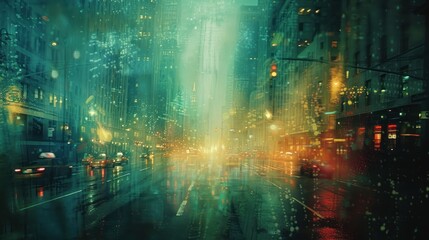 A vibrant, abstract cityscape with reflections and lights, evoking a rainy urban atmosphere.