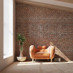 industrial contemporary attic with empty space on exposed brick wall and orange armchair. 3d...