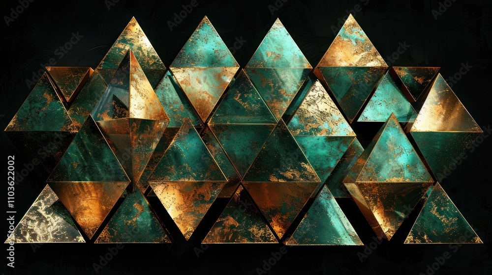Aufkleber a geometric arrangement of triangular shapes with a blend of teal and gold colors.
