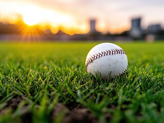 A close-up of a baseball resting on lush green grass, illuminated by a warm sunset in the background, creating a serene sports atmosphere.