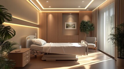  Modern hospital room with wooden accents, soft lighting, and greenery, offering a cozy, healing environment for patients.
