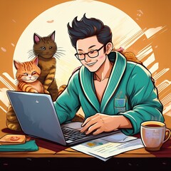 家の中でパジャマで猫と一緒にリモートワーク