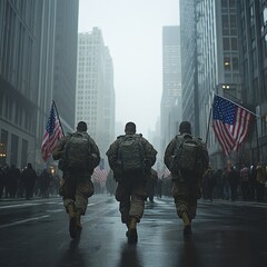 Soldiers Marching with U.S. Flags in City Street Parade