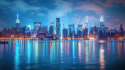 A vibrant city skyline at dusk, reflecting on the water.