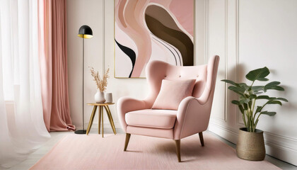 Bright and Airy Modern Room with Stylish Pink Armchair and Abstract Wall Accent