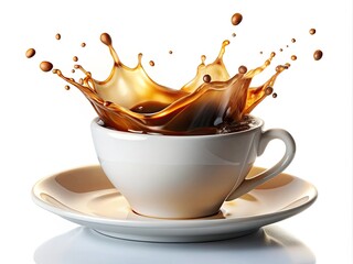 Hot Coffee Splash White Cup, High Depth of Field Photography, Isolated White Background, Coffee Image, Beverage Photo,  White Cup Coffee Splash
