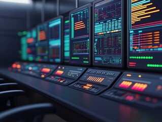 Obraz premium A futuristic control room featuring multiple screens displaying colorful data and analytics.