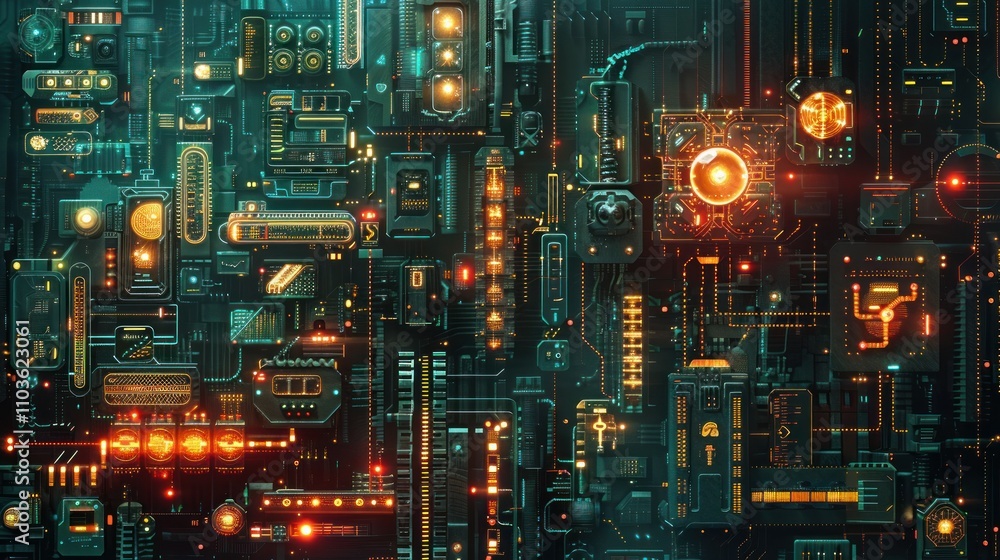 Poster abstract digital circuitry with glowing elements, representing technology and innovation.