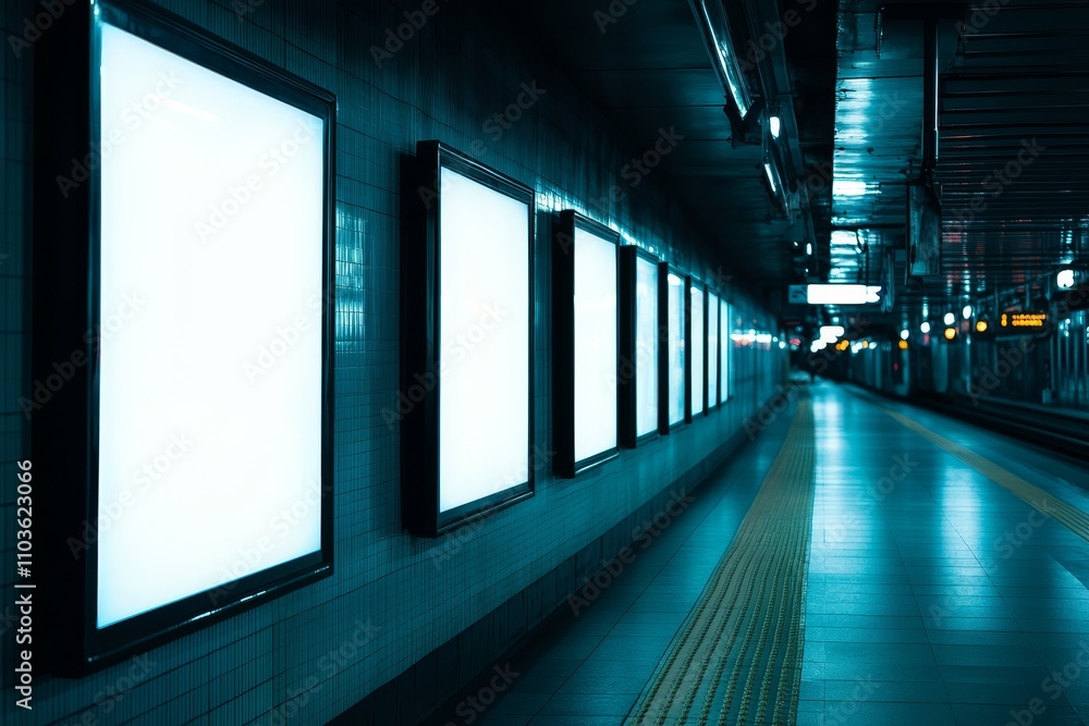 Poster neon glow in urban subway station with empty billboards ready for advertising in a dark and atmosphe