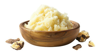 Creamy whipped shea butter in a wooden bowl surrounded by shea nuts on a clean surface.