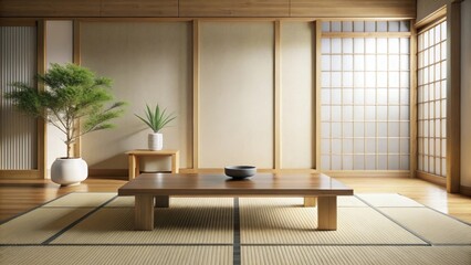 Low table in Japanese style room with minimalist Muji decoration , Japanese, low table, room, Muji