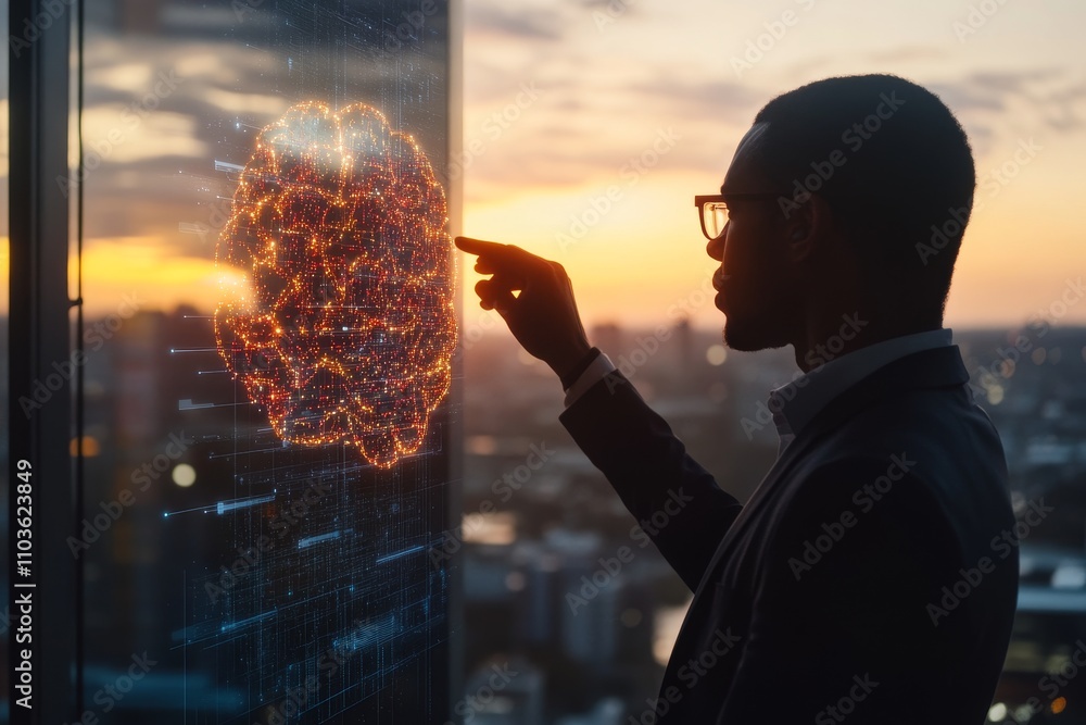 Poster professional businessman analyzing data with advanced technology and digital brain visualization, st