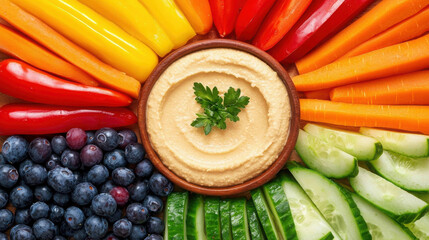 Vibrant Healthy Snack Board with Sliced Vegetables and Hummus Dip Arrangement