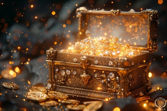 Magical fantasy gift box overflowing with golden coins, diamonds, and rubies against a dark backdrop