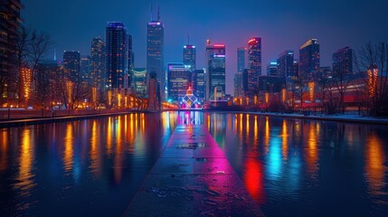A vibrant urban skyline reflects in water at twilight, showcasing colorful lights and buildings.