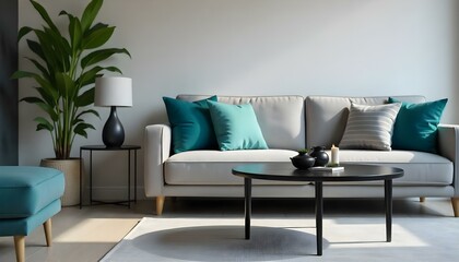 A modern living room with a gray sofa, teal and gray throw pillows, a black coffee table, and a potted plant in the background modern living room with a gray sofa.