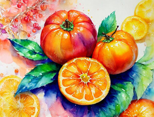 Holidays Christmas cards with tangerine, oranges, Christmas ornament, watercolor illustration, backgrounds, ornate floral frames and copy space. Universal modern artistic templates.