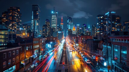 Obraz premium A vibrant cityscape at night, showcasing illuminated skyscrapers and light trails from traffic.