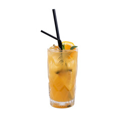 A refreshing orange cocktail with a slice of orange and mint garnish in a tall glass with two black straws. The vibrant color and fresh ingredients make it a perfect summer drink.