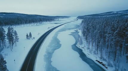 Obraz premium A bridge spanning a frozen river, viewed from above in a winter setting.