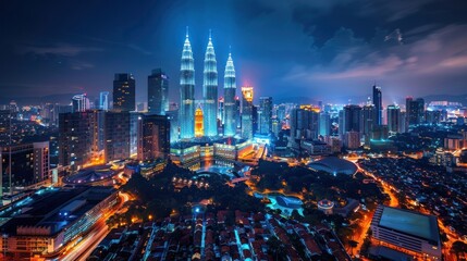 Obraz premium A stunning night view of a city skyline featuring iconic towers and vibrant urban lights.