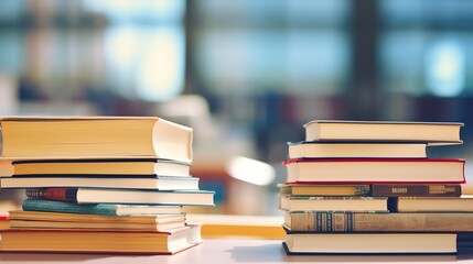 Several stacks of colorful books on a table and bookshelf with blurred library or bookstore background