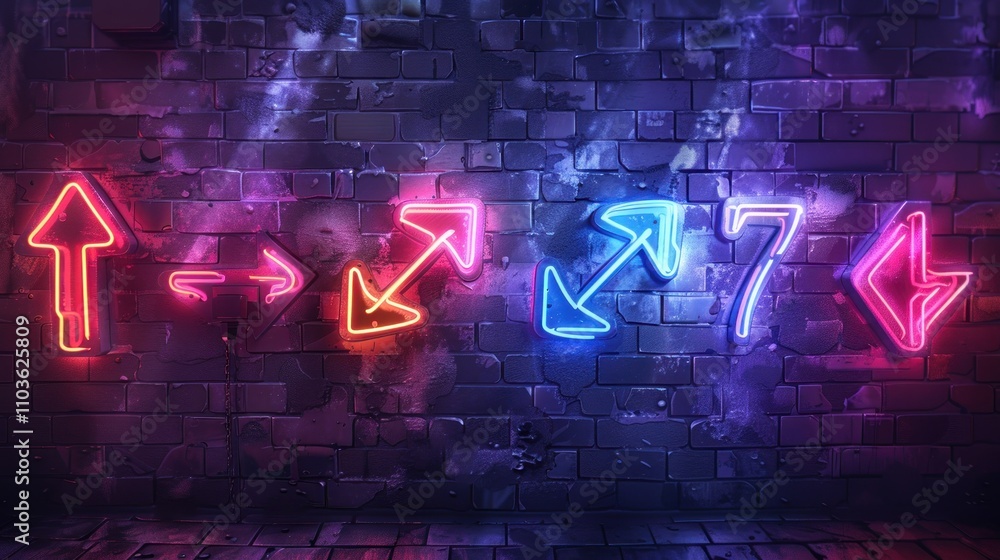 Poster neon arrows on a brick wall, creating a vibrant and dynamic visual effect.