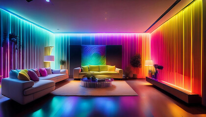 Colorful LED Wall Panels Mockup in a Futuristic Living Room Setting