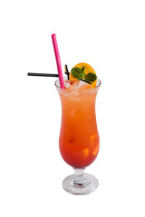 A refreshing orange cocktail with a slice of orange and mint garnish in a tall glass with two straws. The vibrant color and fresh ingredients make it a perfect summer drink. 