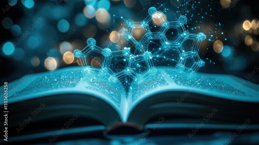 Poster brightly lit holograms of molecular structures project from an open book pages