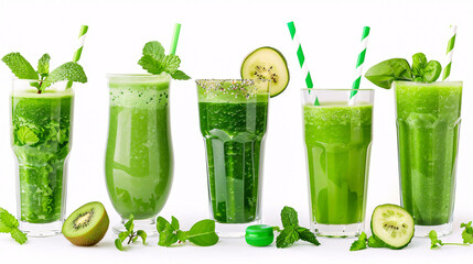 Set of healthy green smoothies isolated against a white background.