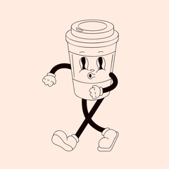 Cheerful groovy coffee cup character with an energetic walk and a playful expression. Ideal line art cartoon design for vintage poster.