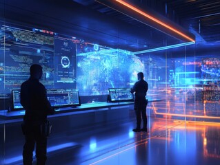Obraz premium Police officers in a high-tech control room with holographic displays and digital interfaces