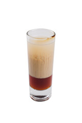 A layered shot with a dark brown bottom layer and a light brown top layer, served in a shot glass. 