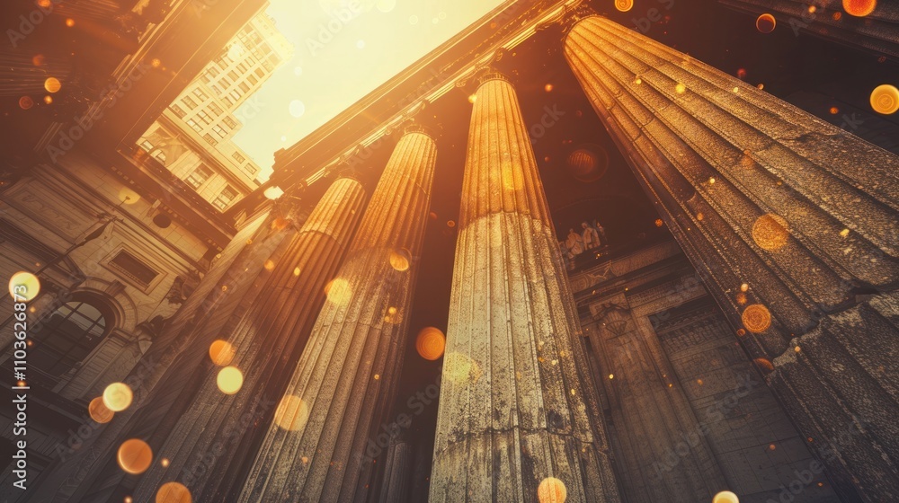 Aufkleber a dramatic low-angle view of grand columns bathed in warm light and a bokeh effect.
