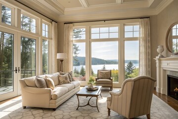 Fototapeta premium Elegant Living Room with Scenic Views and Natural Light. Generative AI
