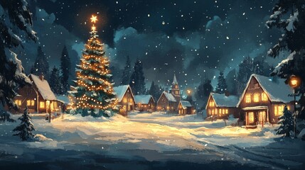 Naklejka premium Winter Wonderland Scene with Christmas Tree and Snow-Covered Village