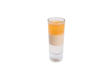 A visually striking layered shot featuring three distinct layers of liquid. The bottom layer is clear and refreshing, the middle layer is creamy and smooth, and the top layer is a vibrant orange color
