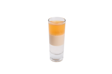 A visually striking layered shot featuring three distinct layers of liquid. The bottom layer is clear and refreshing, the middle layer is creamy and smooth, and the top layer is a vibrant orange color