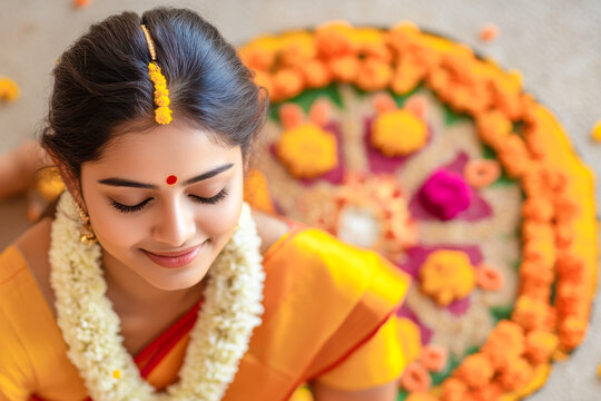 Indian woman greeting on the occasion of Onam