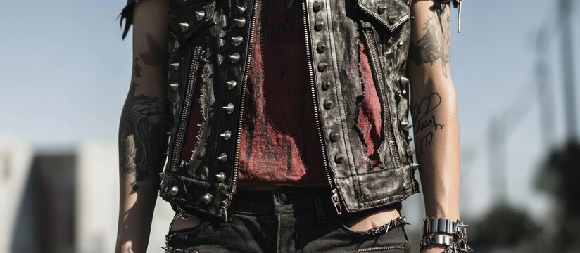 A punk-style vest with exaggerated slashes and holes, adorned with metal studs, gritty urban backdrop 