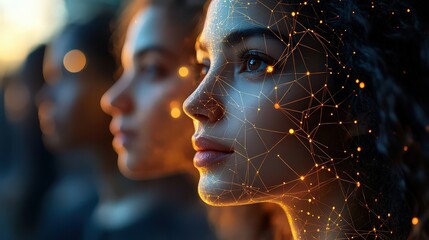  Group of women with glowing network patterns on faces, representing technological innovation and human connection in futuristic, artistic style with warm bokeh background.