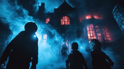 A spooky but fun haunted house with glowing windows, fog, and children laughing at the entrance 
