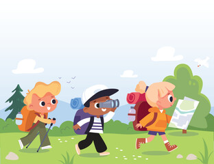 Group of boy girl scouts young tourists traveling kids walking by pathway through valley with travel bag backpacks and map, walking by route on vacation trip. Travelers collection. Hiker traveler