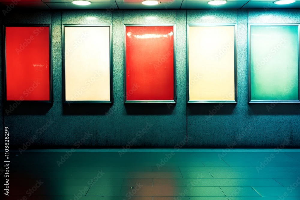 Poster vibrant colorful abstract wall art with empty frames against a modern background in an urban environ