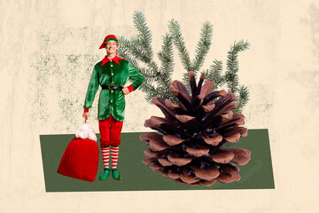 Composite photo collage of happy elf man hold present bag santa claus cone new year tree decor...