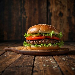 Experience the essence of rustic comfort with this fresh, juicy cheeseburger stacked with crispy lettuce, ripe tomato slices, tangy pickles, and a perfectly grilled beef patty, all nestled in a sesame