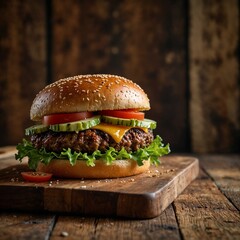 Experience the essence of rustic comfort with this fresh, juicy cheeseburger stacked with crispy lettuce, ripe tomato slices, tangy pickles, and a perfectly grilled beef patty, all nestled in a sesame