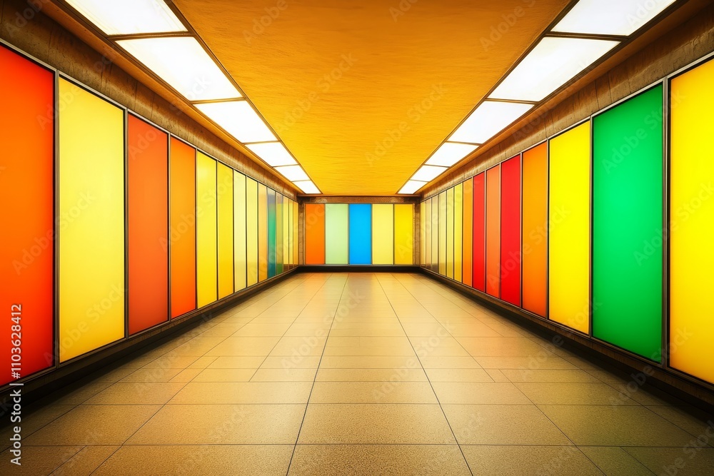 Poster vibrant and modern subway tunnel with colorful illuminated panels creating a welcoming atmosphere in