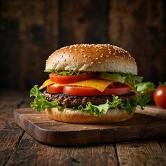 Experience the essence of rustic comfort with this fresh, juicy cheeseburger stacked with crispy lettuce, ripe tomato slices, tangy pickles, and a perfectly grilled beef patty, all nestled in a sesame